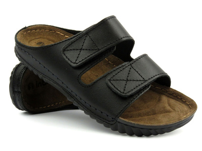 Skórzane klapki męskie na rzepy czarne INBLU FM-1U