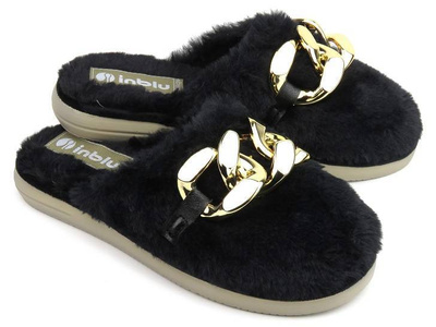 Futerkowe kapcie damskie z łańcuchem - INBLU EK-06, czarne