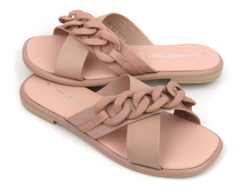 Skórzane klapki damskie z łańcuchem - MARCO TOZZI 27121, różowe