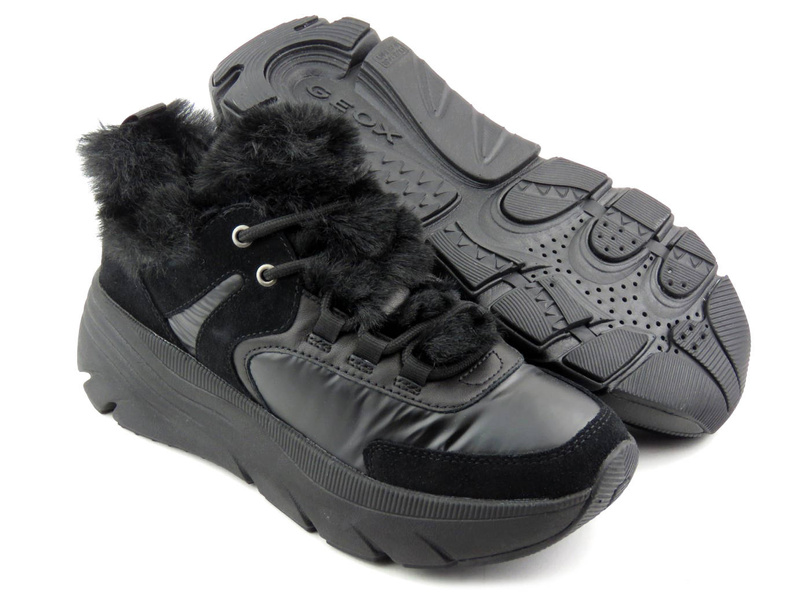 Półbuty, sneakersy damskie z futerkiem - GEOX Respira D26UFB, czarne