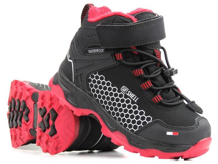 Śniegowce, trekkingi dziecięce z softshell - AMERICAN CLUB HL 29/22, czarne z czerwonym