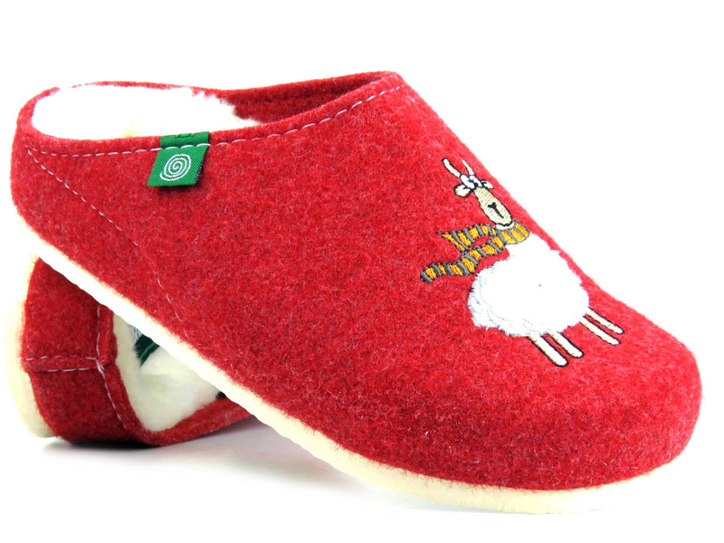 Ciepłe kapcie filcowe damskie z wełną - Dr BRINKMANN 320083-04, czerwone z owieczką