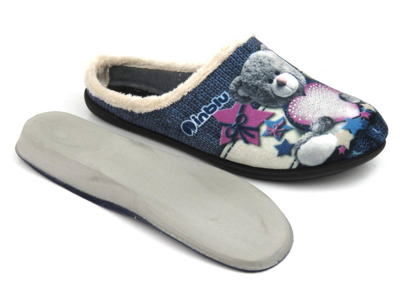 Miękkie kapcie damskie z misiem - INBLU 155D210, niebieskie