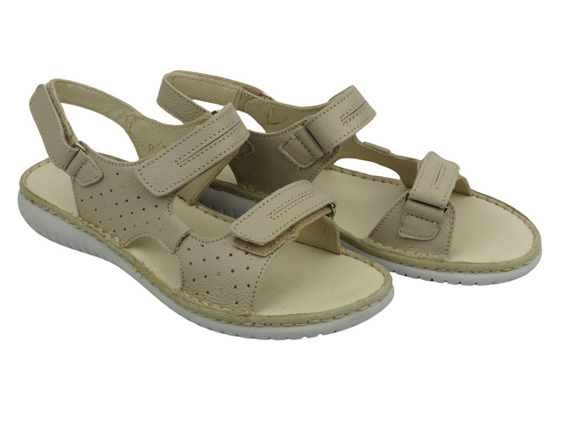 Skórzane sandały damskie na rzepy - Helios Komfort 794S, kremowe