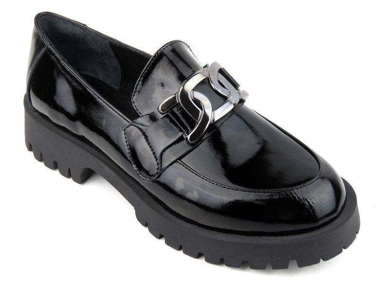 Lakierowane lordsy damskie na traperowej podeszwie - VENEZIA 0010276R658, czarne