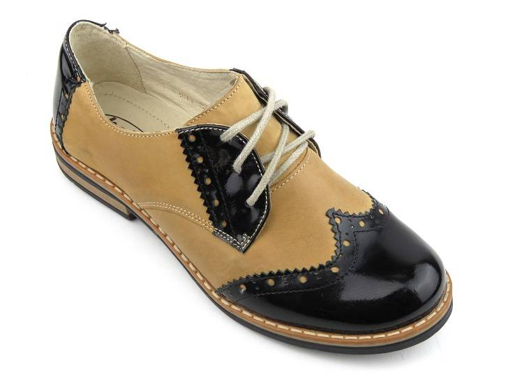 Półbuty damskie, jazzówki - HELIOS Komfort 631, jasnobrązowe z lakierowaną wstawką