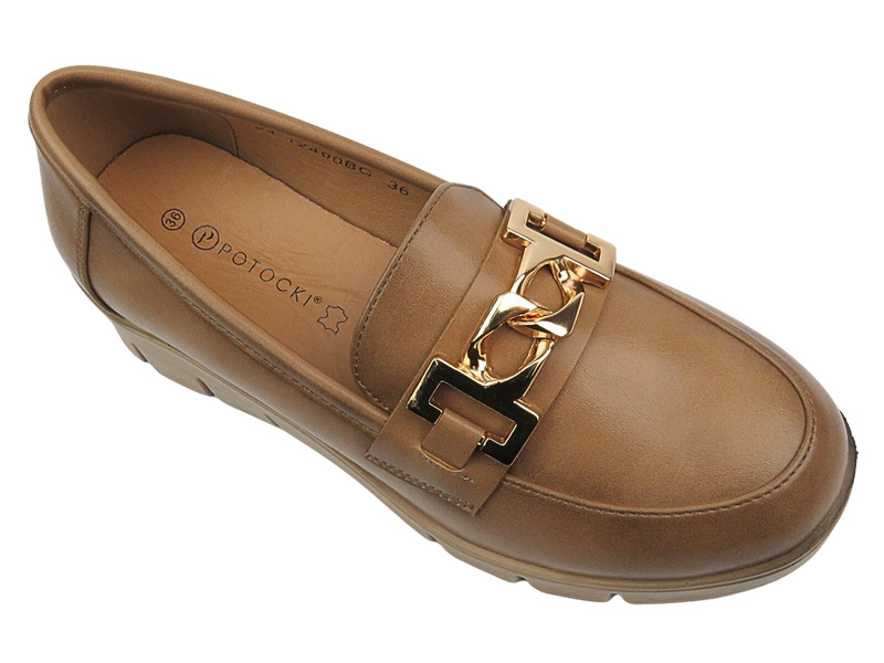 Półbuty, mokasyny damskie na grubej podeszwie - Potocki 24-12490, beżowe