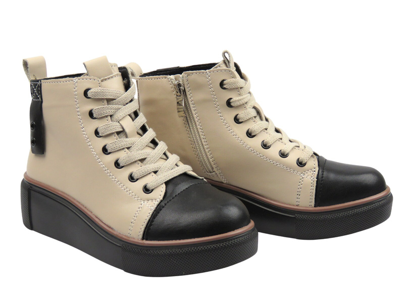Skórzane trzewiki, trapery damskie beżowe Nika Komfort H-218