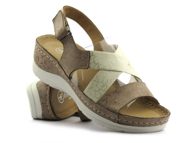 Skórzane sandały damskie na koturnie - HELIOS Komfort 100, beż 2