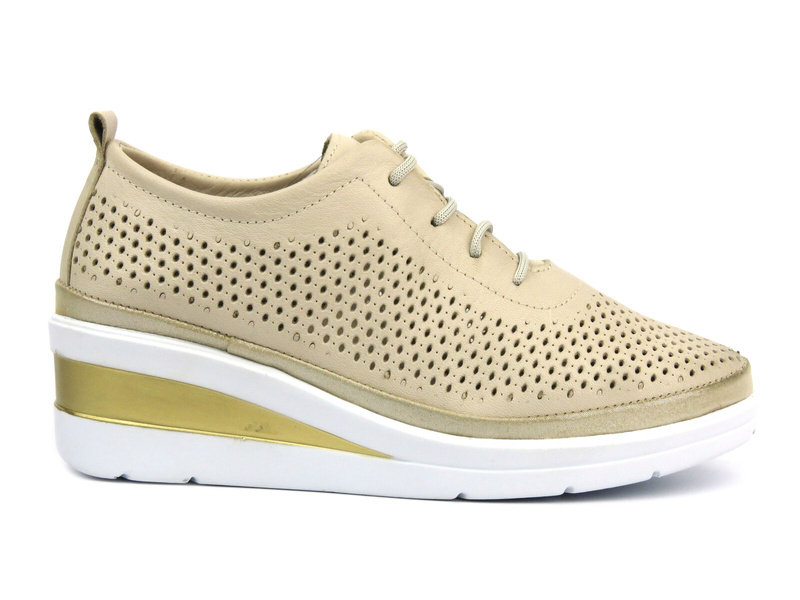 Sneakersy, półbuty damskie na koturnie - Helios 1304 beżowo-złote