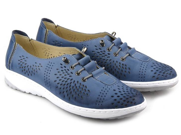 Skórzane półbuty damskie z ażurową cholewką - Wasak 0626, niebieskie