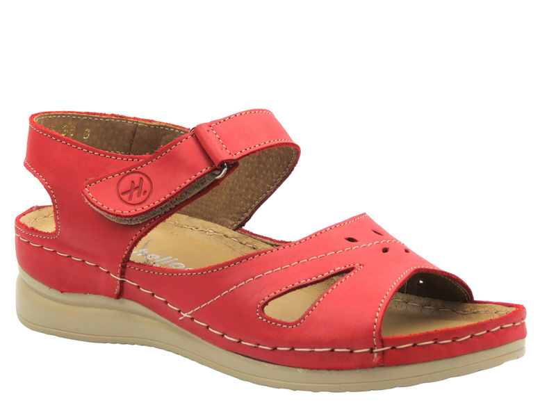 Skórzane sandały damskie na rzep czerwone Helios Komfort 142