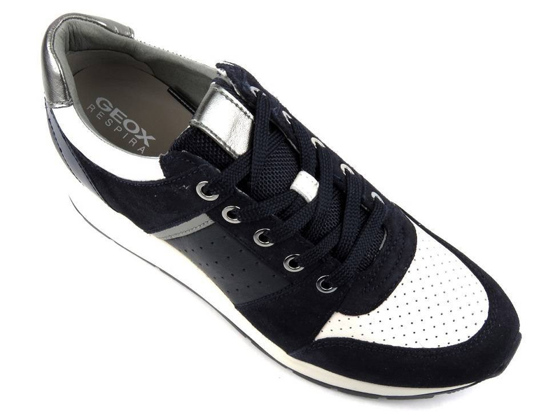 Sneakersy damskie na białym koturnie - Geox Respira D158LA, granatowe