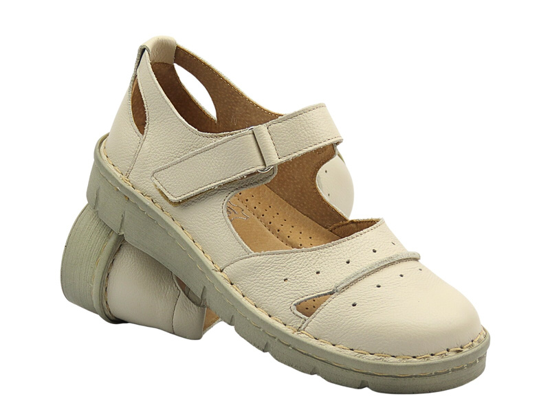 Skórzane półbuty, sandały damskie - Nika Komfort 1382, ecru