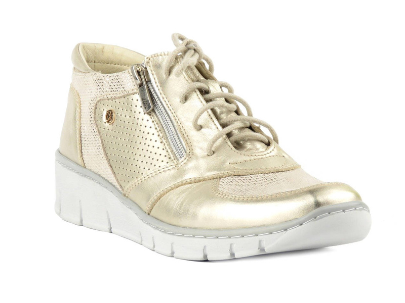 Skórzane sneakersy damskie z suwakiem - Helios Komfort 536-1, złote 