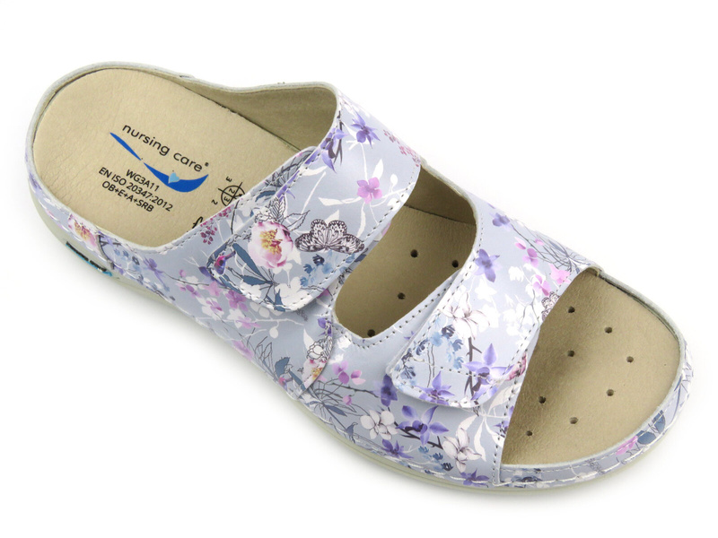 Wysokojakościowe klapki damskie, medyczne- Nursing Care WG8F18, fioletowe w kwiaty