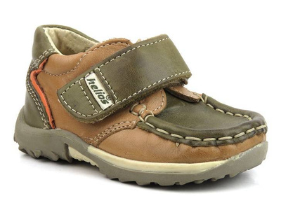 Skórzane półbuty dziecięce na rzep - Helios Komfort 006, oliwkowe