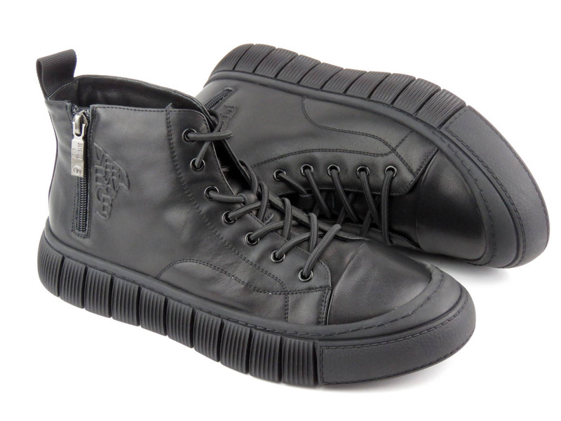 Skórzane sneakersy męskie za kostkę - JOHN DOUBARE 7092, czarne