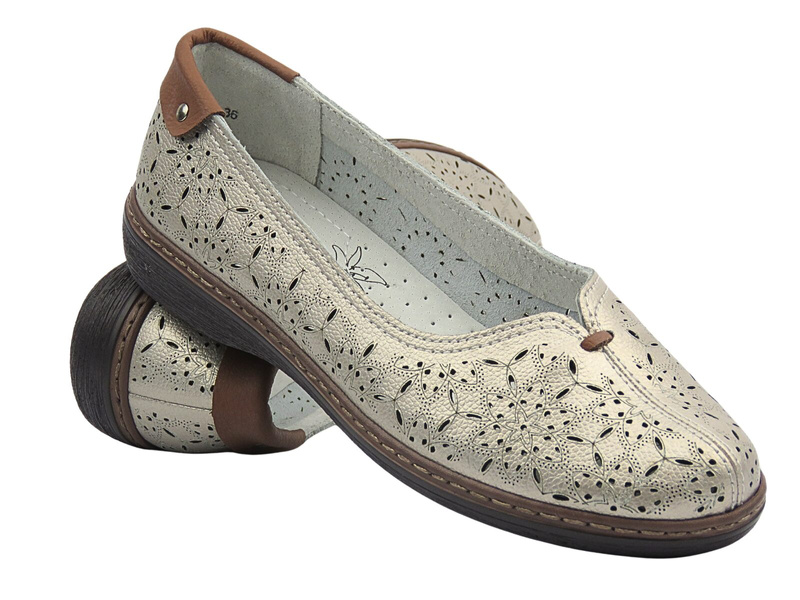 Skórzane półbuty, baleriny damskie złote Evento 25PB17-8357