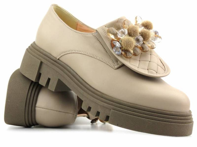 Półbuty, lordsy damskie na platformie - UNCOME 35204, beżowe