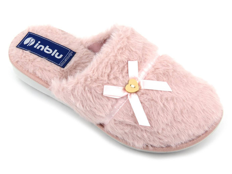 Futerkowe, miękkie kapcie damskie z kokardką - INBLU LB-91, różowe
