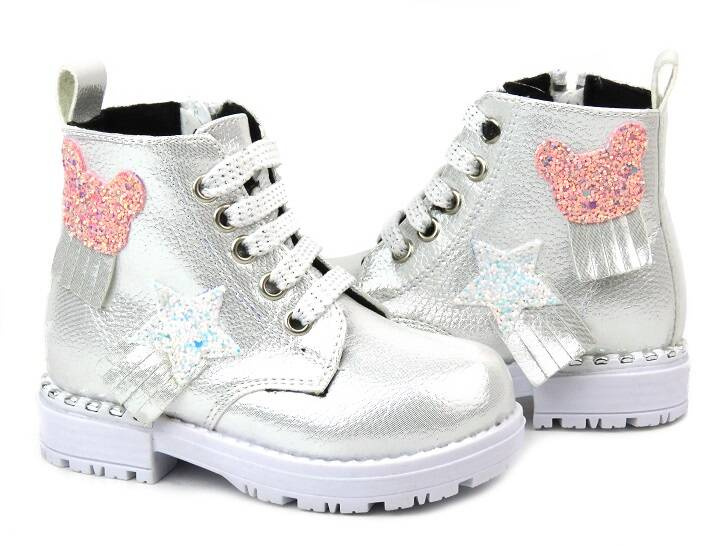 Trzewiki dziecięce z gwiazdką i misiem - Navy Dot 22-61060, srebrne