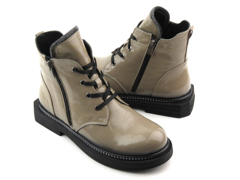 Botki damskie ze skóry lakierowanej - VENEZIA 03-VAN MINK, beżowe