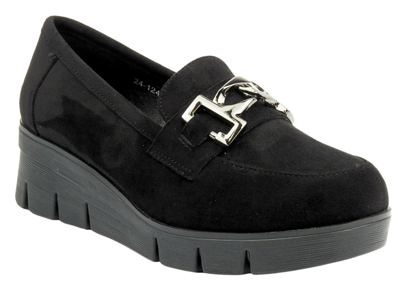 Półbuty, mokasyny damskie na grubej podeszwie - Potocki 24-12490, czarne