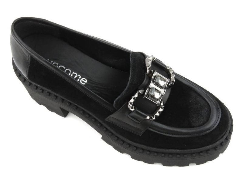 Półbuty, loafersy damskie na platformie - UNCOME 37102, czarne