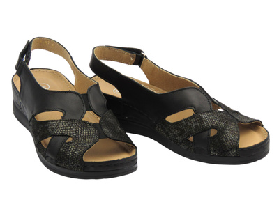 Skórzane sandały damskie czarne HELIOS Komfort 144