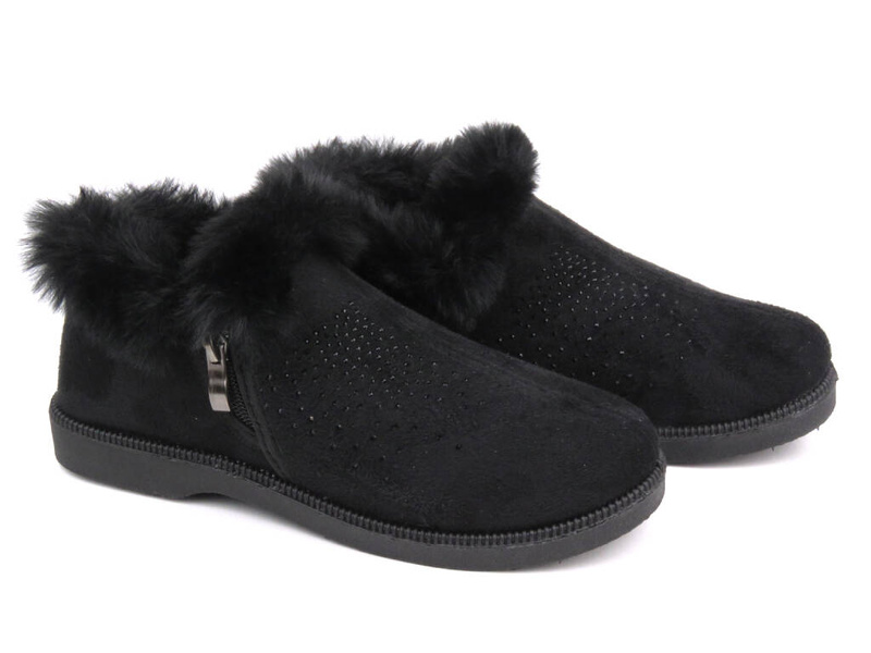 Kapcie damskie z futerkiem - Progress PT-1, czarne