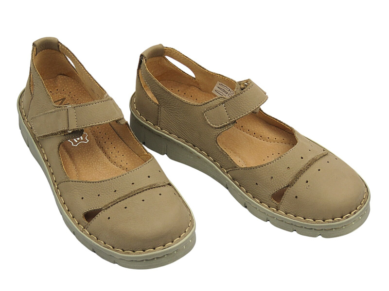 Skórzane półbuty damskie, sandały - Nika Komfort 1382, beżowe