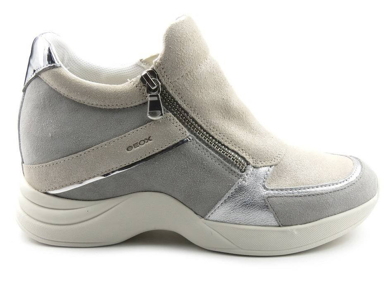 Sneakersy damskie na ukrytym koturnie - GEOX D04HVB, szare ze srebrem