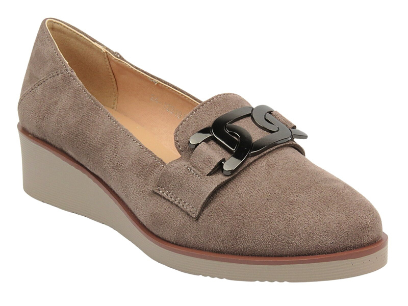 Półbuty, mokasyny damskie na koturnie - Potocki 24-12319, khaki-wsuwane