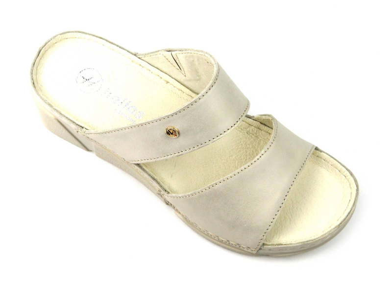 Skórzane klapki damskie na koturnie - HELIOS Komfort 119, złote