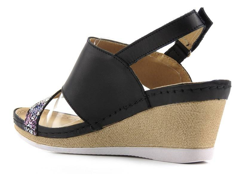 Skórzane sandały damskie na koturnie - HELIOS Komfort 299, czarne