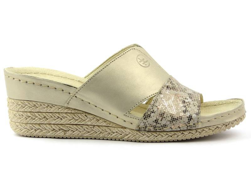 Skórzane klapki damskie na koturnie - HELIOS Komfort 295, złote