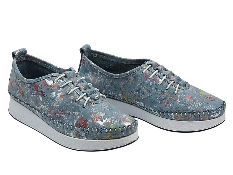 Skórzane półbuty damskie w kwiaty niebieskie VENEZIA E149NUBUOSP029