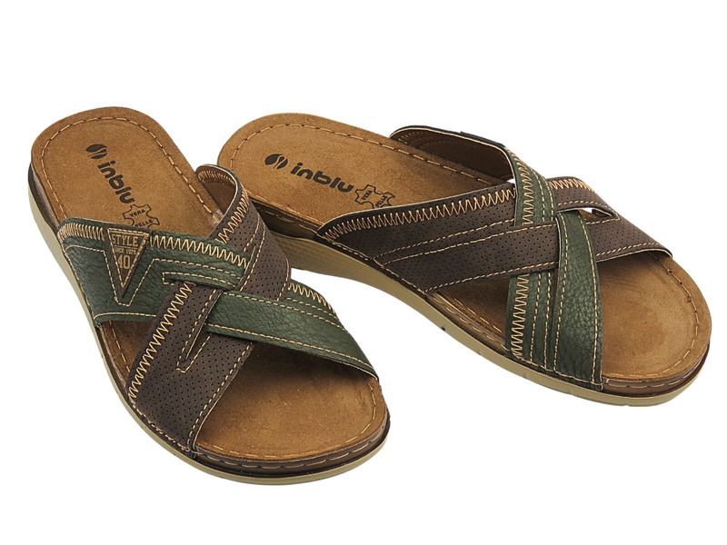 Wygodne klapki męskie z miękkiej skóry INBLU VI-11, brązowo-zielone