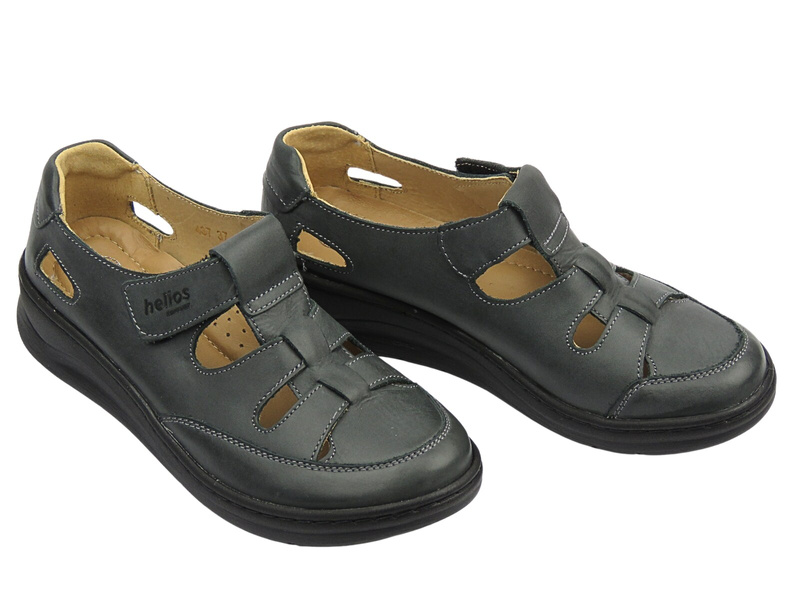 Skórzane półbuty damskie zapinane na rzep grafitowe Helios Komfort 437