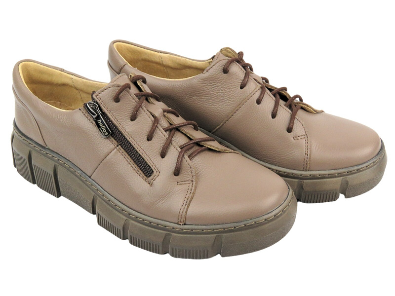 Skórzane Półbuty Damskie Polskiej Marki - HELIOS Komfort 413 Khaki - Na Zamek