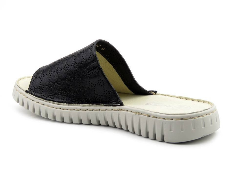 Skórzane klapki damskie na białej podeszwie - HELIOS Komfort 255, czarne