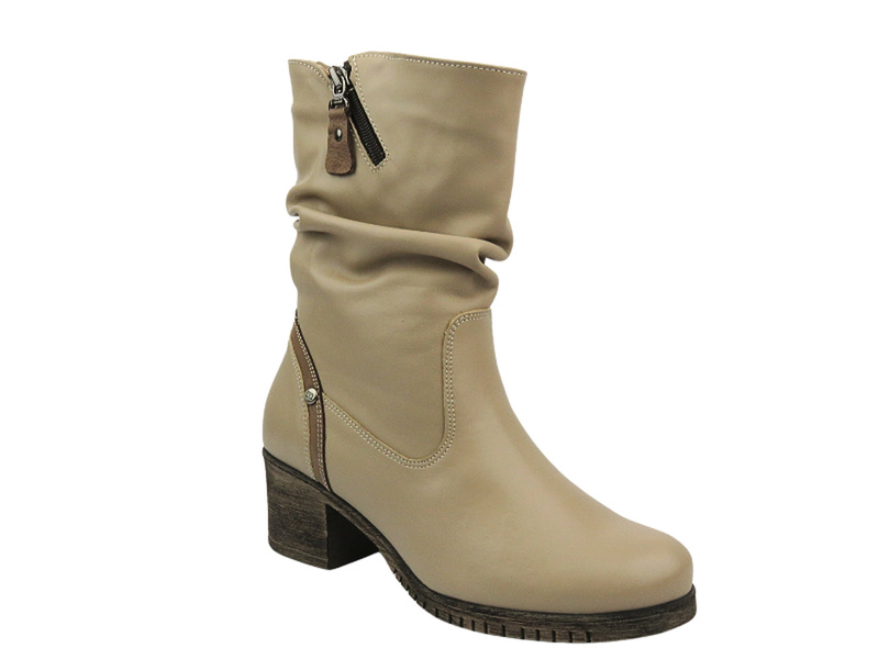 Wygodne, skórzane botki damskie na klocku - Galant Z23-4, beżowe PL