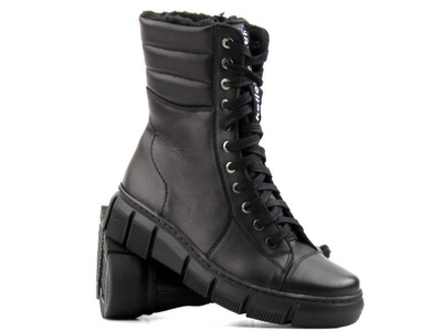 Skórzane botki, workery damskie z wełną - HELIOS Komfort 611-2, czarne