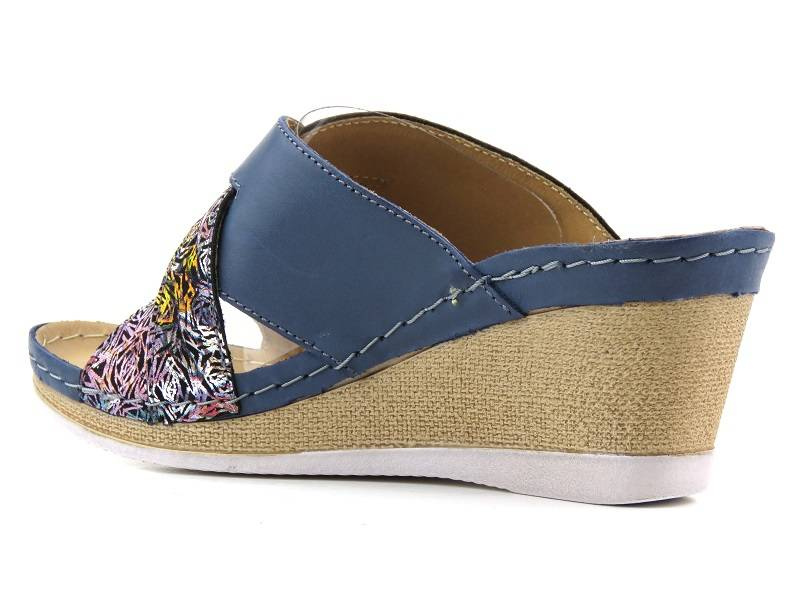 Skórzane klapki damskie na koturnie - HELIOS Komfort 297, granatowe