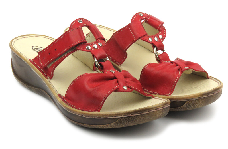 Skórzane klapki damskie z regulacją szerokości - HELIOS Komfort 797, czerwone