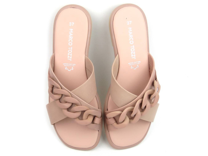 Skórzane klapki damskie z łańcuchem - MARCO TOZZI 27121, różowe