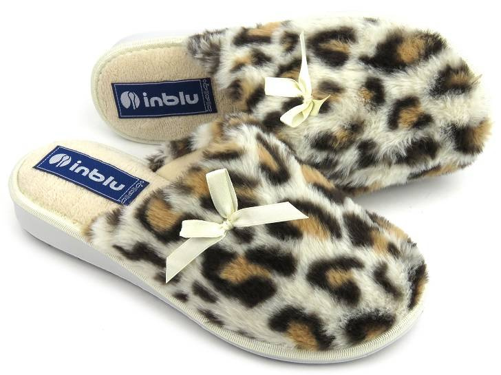 Futerkowe kapcie damskie w panterkę - INBLU LB-94, beżowe