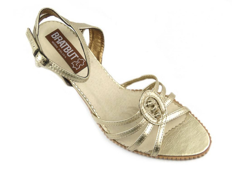 Skórzane sandały damskie na szpilce - Bratbut S-1, złote
