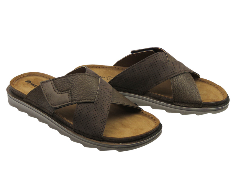 Wygodne klapki męskie na rzep ciemnobrązowe INBLU BU-17